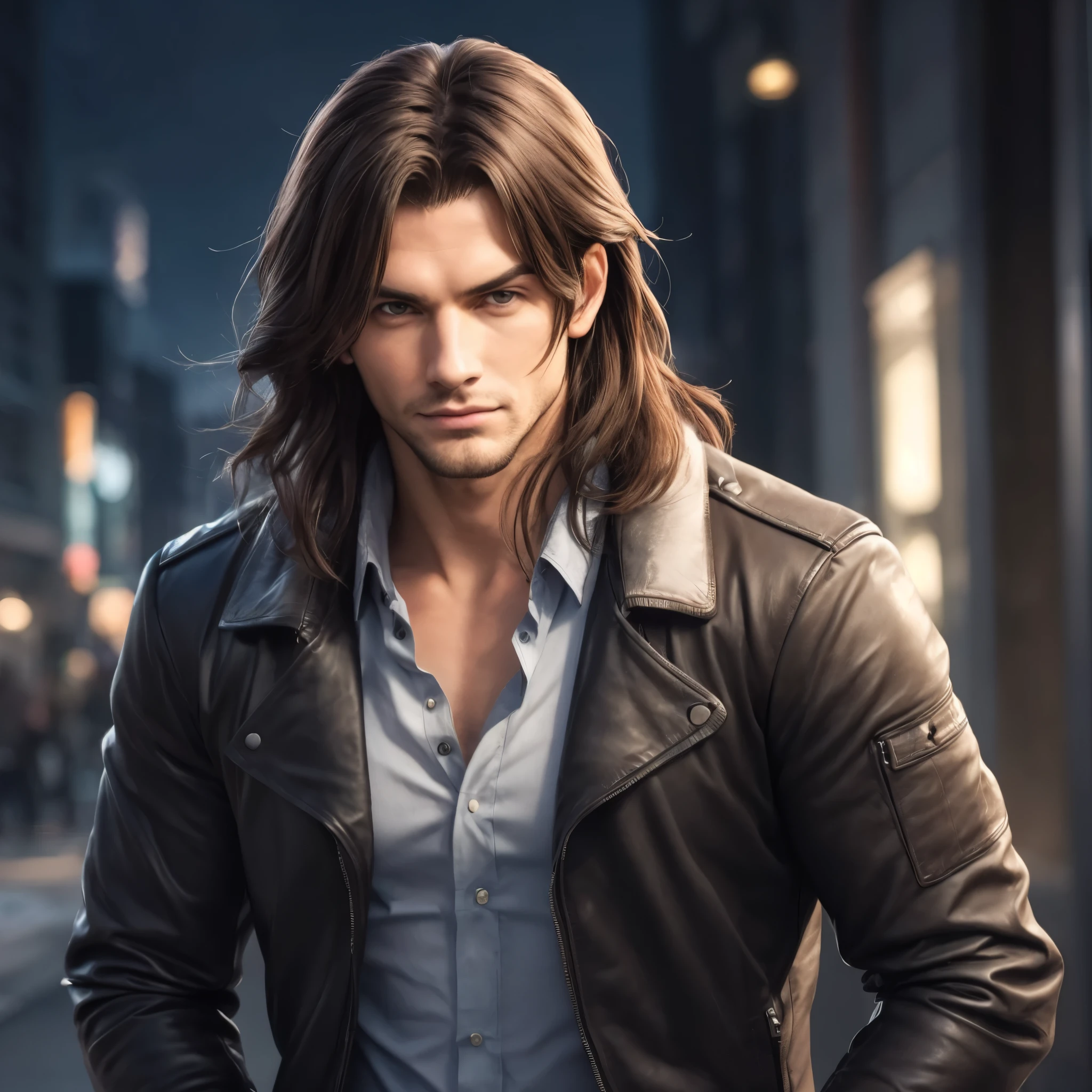 homem bonito, com cabelos longos e uma jaqueta de couro em pé em uma cidade