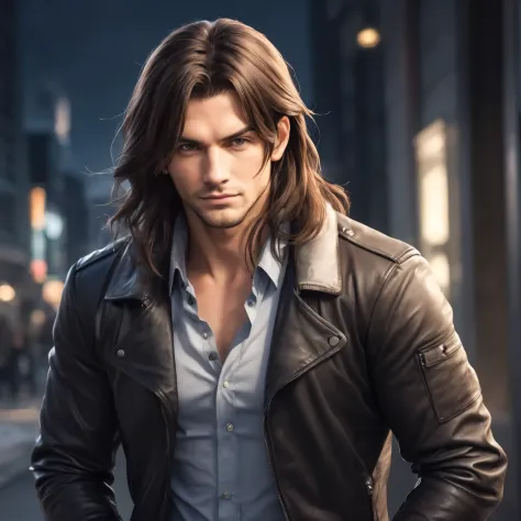 handsome man with long hair and a leather jacket standing in a city