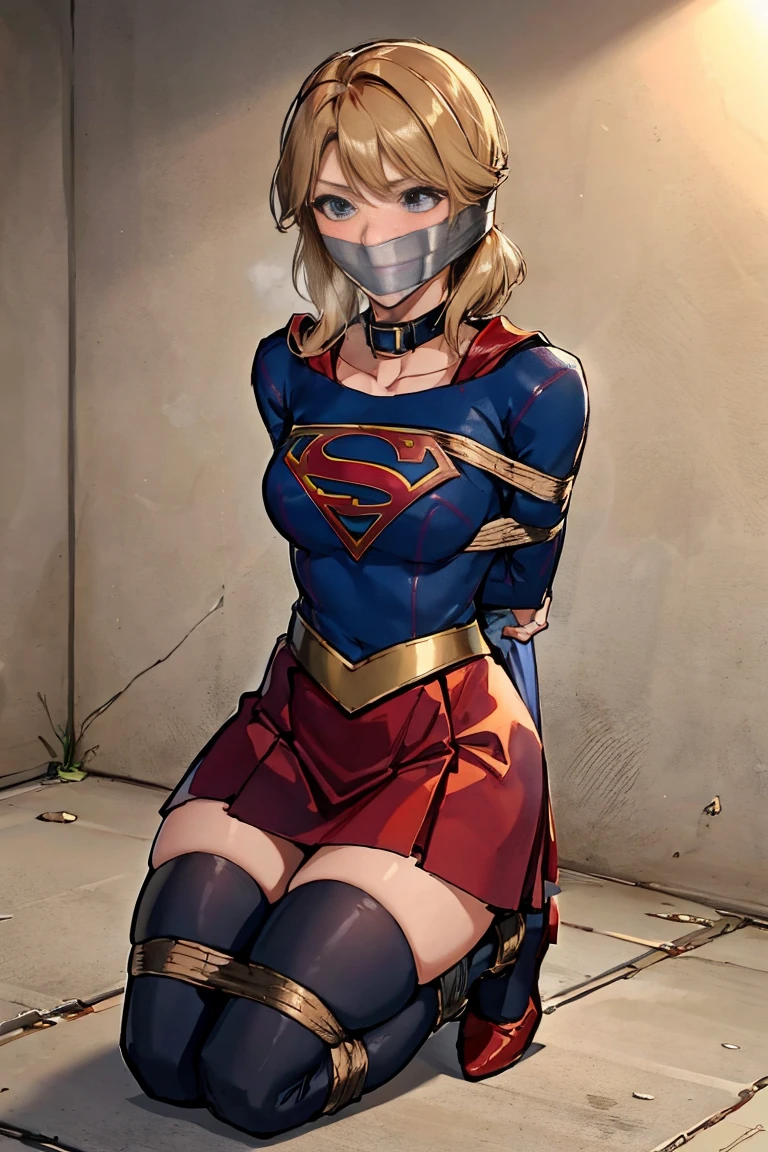 1 girl, supergirl, red skirt, (full body) , improvised gag, tape gag -  SeaArt AI