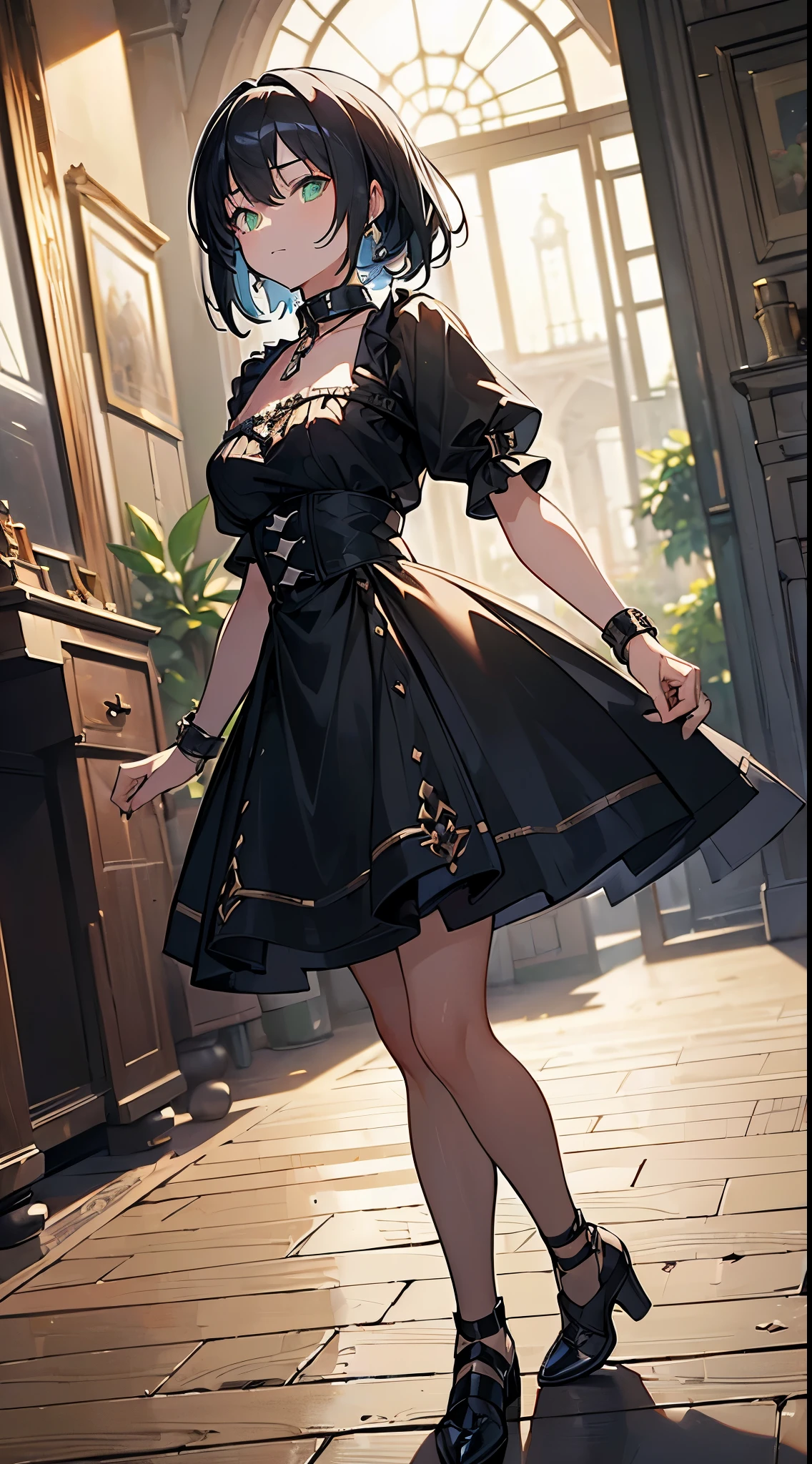 (((masterpiece2.1, ultra-detailed, best quality))),  medieval inn, dynamic angle, 1girl, black traveling attire, black hair, green eyes, medium hair, on the ground, (neck chained collar), dynamic angle, standing up