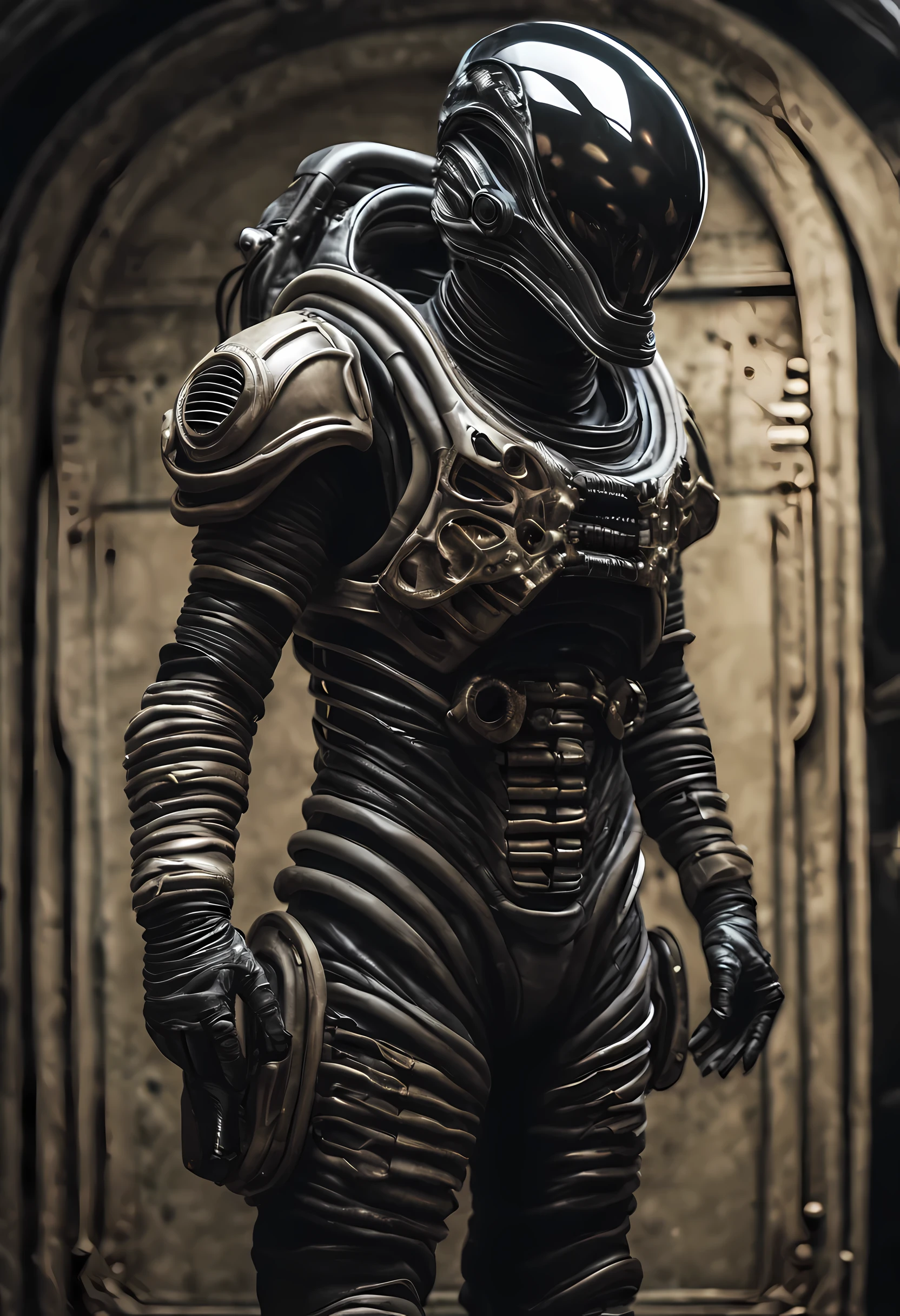 astronauta con un biotraje xenomorfo, (((no es un casco))) , mirar con arrogancia, cara enfocada, desintegrador en mano,  dark epic, Postura tensa, Arte al estilo de Hans Giger, obra maestra, Híper realista oil painting, intense glare, sombras oscuras, Híper realista, obra maestra, 8K,