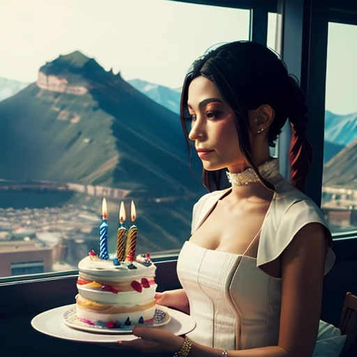 Holding birthday cake ,looking at view