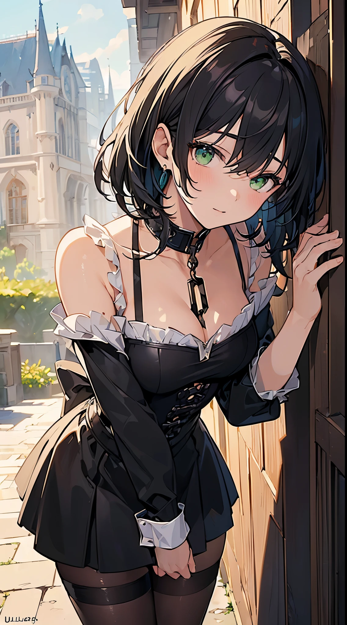 (((masterpiece2.1, ultra-detailed, best quality))),  high-resolution, medieval inn, dynamic angle, 1girl, black traveling attire, black hair, green eyes, medium hair, on the ground, (neck chained collar), dynamic angle, standing up