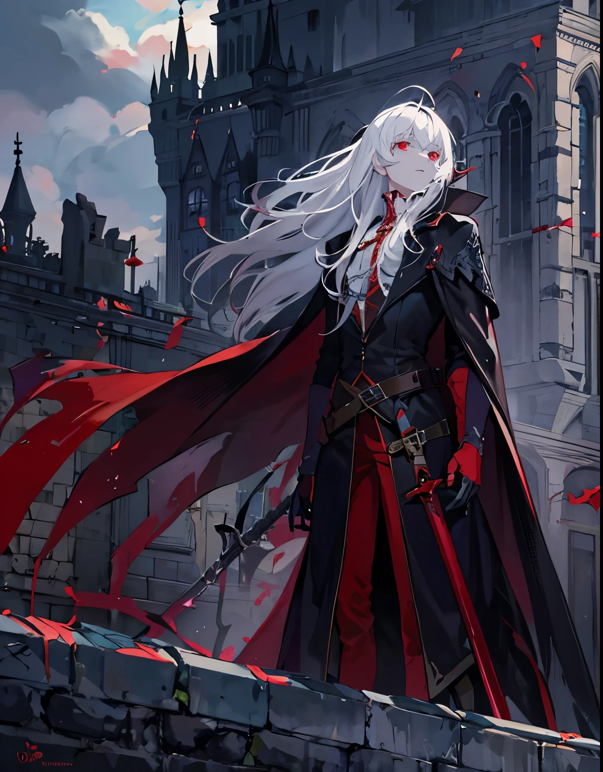 vampire，long white hair，Standing on the rooftop of the castle and looking into the distance，red sword，Gorgeous black cape，red eyes，ruins