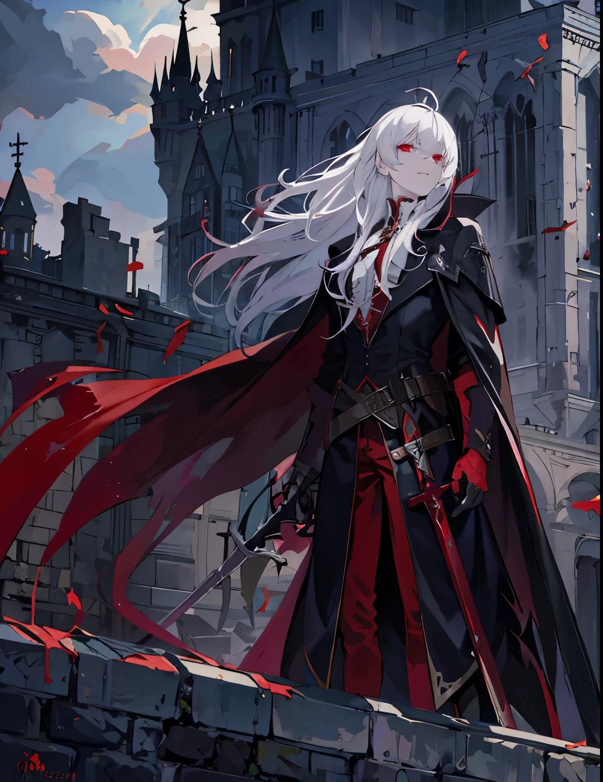 vampire，long white hair，Standing on the rooftop of the castle and looking into the distance，red sword，Gorgeous black cape，red eyes，ruins