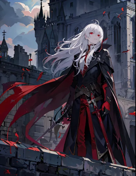 vampire，long white hair，Standing on the rooftop of the castle and looking into the distance，red sword，Gorgeous black cape，red ey...