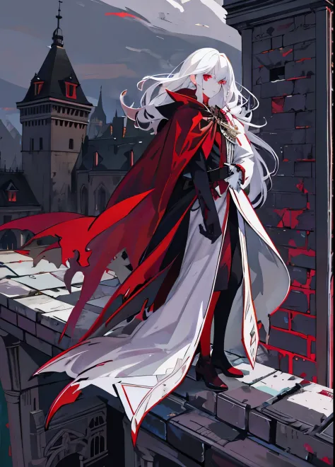 vampire，long white hair，Standing on the rooftop of the castle and looking into the distance，red sword，Gorgeous black cape，red eyes，ruins