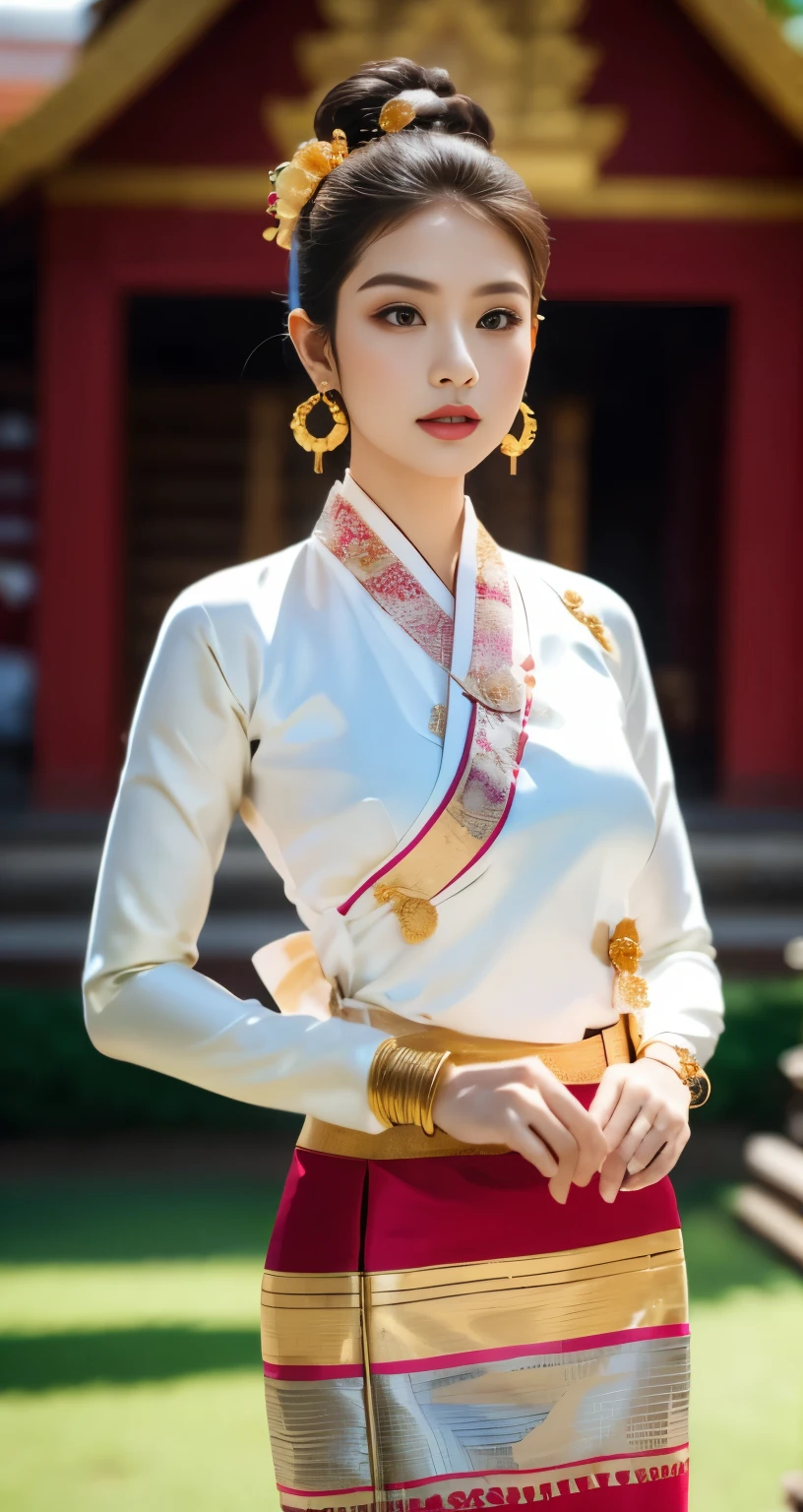 Meisterwerk, 1Mädchen am besten,Blick auf das Publikum, Hintergrund des Bagan-Tempels,Ganzkörper,Verführung,Sauber,exquisites Gesicht,reines Gesicht, bezaubernd schöne Augen, zartrosa Lippen, hellhäutig,sexy Pose,(( Traditionelles Lanna-Kostüm aus Nordthailand)), ((Keng Tong Tai Khun traditionelles Kostüm)),((Shan-Kleid)), sehr elegantes Kleid, luxuriöses und sehr detailreiches traditionelles Tai Khun-Outfit, Oberseite in Weißgold und Unterseite in Rot-Grün-Gold-Streifenmuster,Langhaar Messy Bun mit Blume, (((trägt viele silberne Armreifen, Goldene Ohrringe, Thai Lanna Gold Haarnadel))),((perfekte weibliche Figur)),Echte Person,