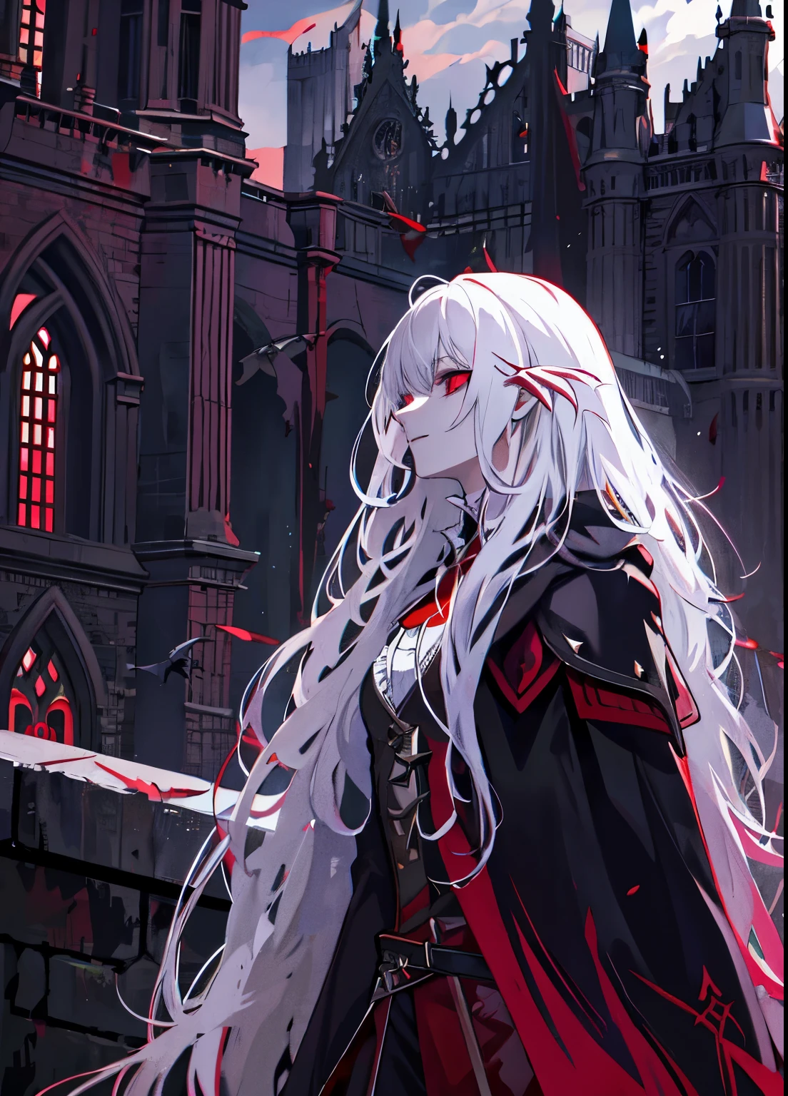 vampire，long white hair，Standing on the rooftop of the castle and looking into the distance，red sword，Gorgeous black cape，red eyes，ruins