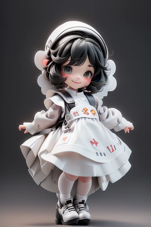 masterpiece, best quality, a cute chibi girl smiling, ((black)) hair, (((white pinafore dress))), (((short))) puffy sleeves, white hairbow, white socks, (((black))) mary jane pumps, school backpack, (((full body))),