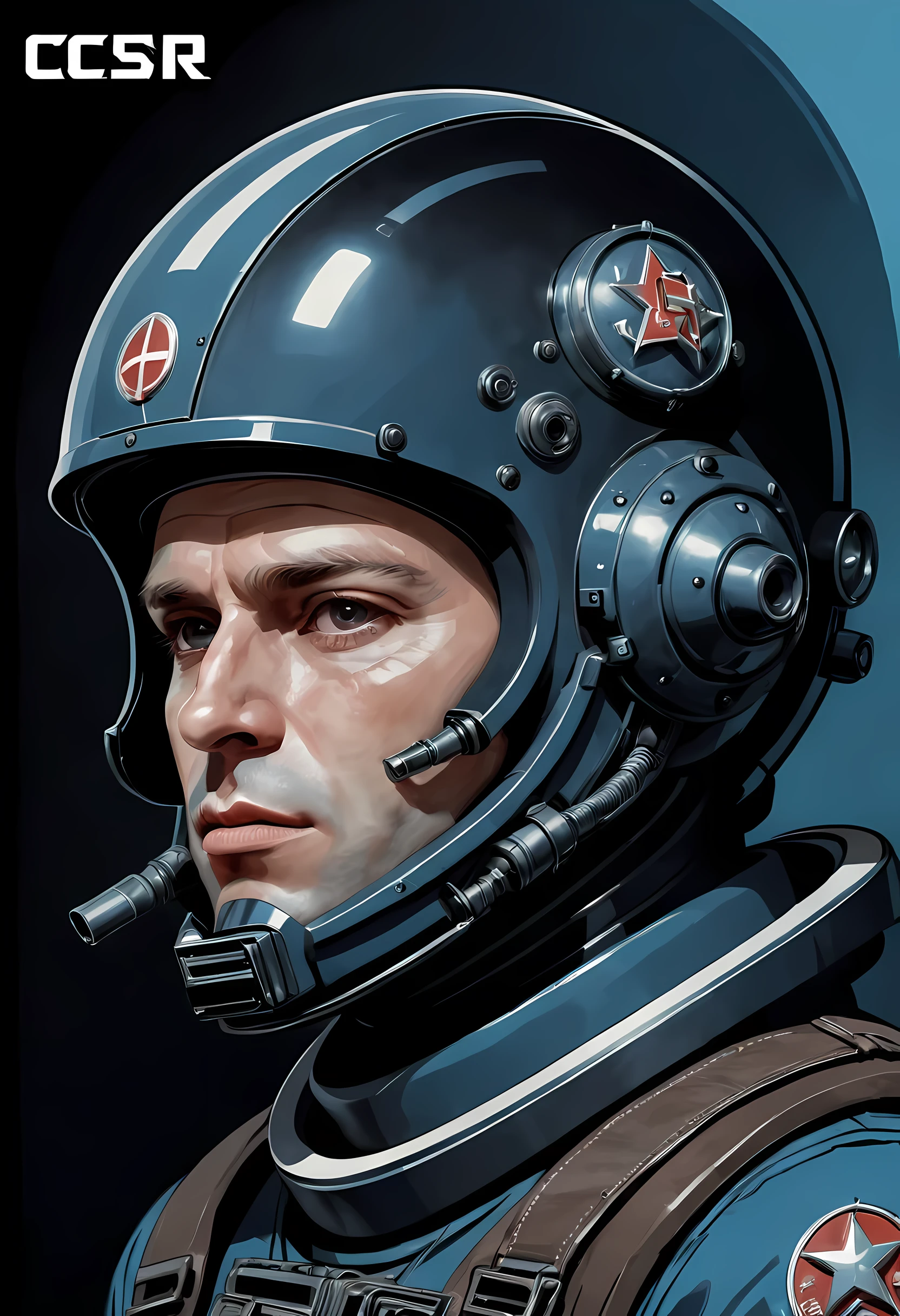 head portrait, космонавт ussr в шлеме Гигера, Letters "ussr" on the helmet, stern face of a 35-year-old man, look from under the eyebrows, hand with a fantastic blaster on his face, blaster barrel raised