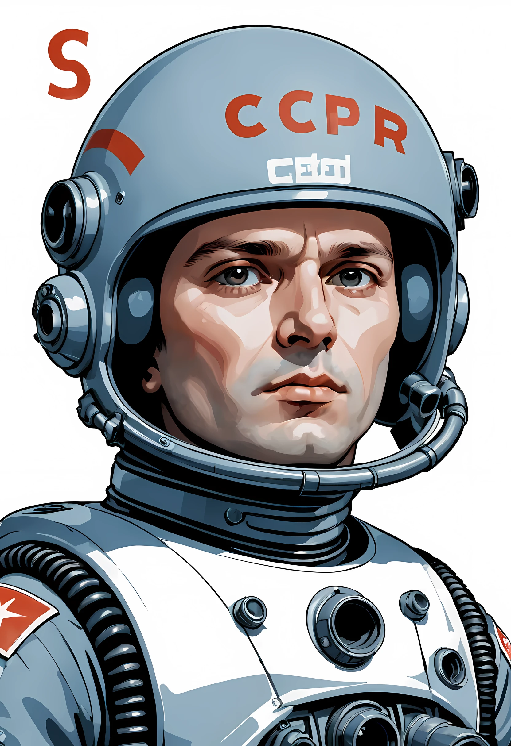 Kopf Porträt, UdSSR-Astronaut im Giger-Helm, Briefe "ussr" auf dem Helm, strenges Gesicht eines 35-jährigen Mannes, Blick unter den Augenbrauen, Hand mit einem fantastischen Blaster im Gesicht, Blasterlauf angehoben