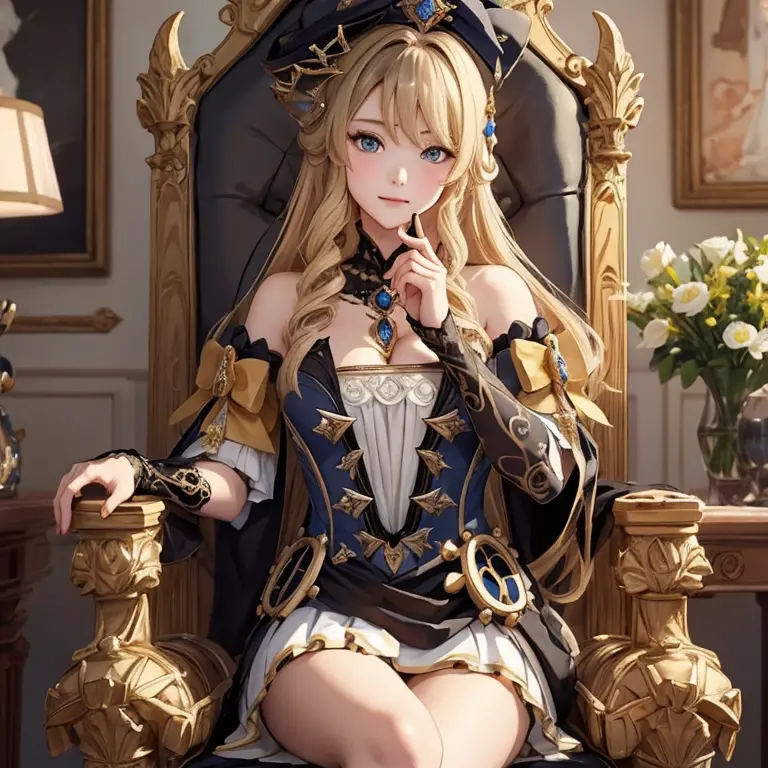 masterpiece、1 girl、throne、proudly cross one&#39;s legs、A small noble crown on your head、Royal Dresses、cleavage、rest one&#39;s ch...