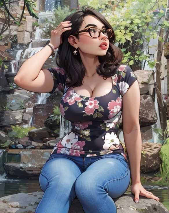 (Best quality, masterpiece), a cute girl with huge tits, slim, small waist, and full lips. Wearing glasses.