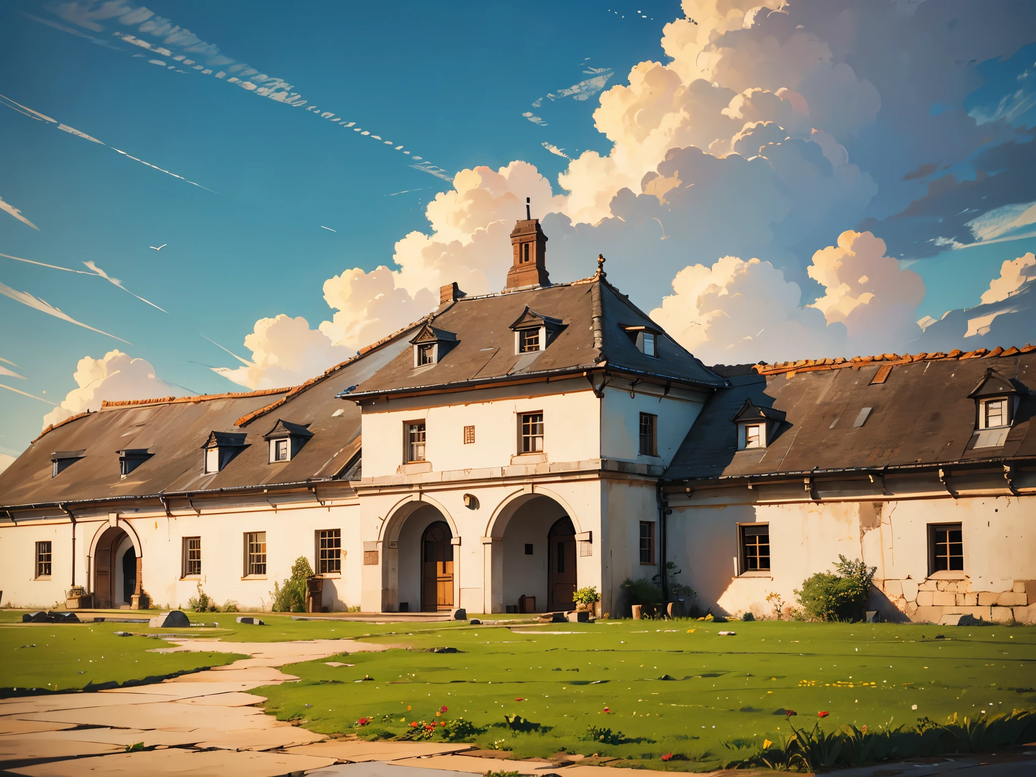 white colonial building, brown roof, opened, door, windows, super wide yard, grassy ground, day time,