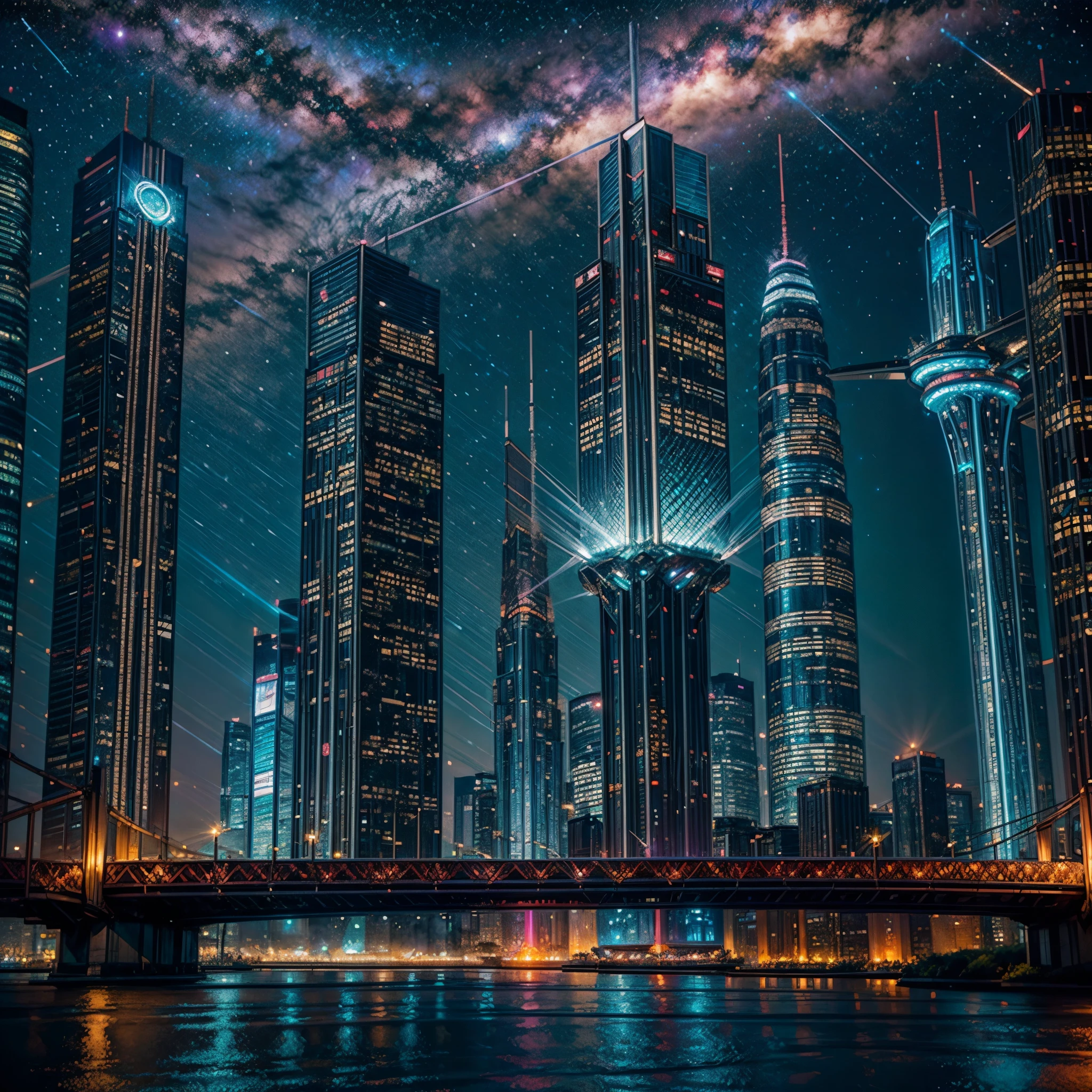 (nebulae hyper Nebula starry_sky Moonset epic moonrise spacious moonshine) In this futuristic image of a city at night，We were taken into a city full of technology and innovation。Tall skyscrapers glow with neon lights in the night sky，Forming a series of colorful lines。The facades of these buildings are covered with reflective materials，Reflects surrounding lights，Create a futuristic atmosphere。 On the streets of the city，Driverless cars and aircraft fly by，They leave colorful trails in the night sky。These vehicles are made of smooth metal and transparent materials，It gives a sense of technology and the future。People wear fashionable clothing，Wearing smart glasses and bracelet，Integrate with technology。 The center of the city a huge，There a huge water screen projection on，Displays a variety of gorgeous images and animations。People surround the water curtain projection，Admire the art works and technology displayorming a unique interactive experience。surrounded by a green belt，Planting plants of the future，These plants emit faint fluorescence，Adding a touch of vitality and natural flavor to the city。 In the distance of the picture，We can see a huge spaceport，The spaceship taking off，Carrying people to unknown areas of the universe。The spaceport’s architectural design unique，Full of curves and streamlined elements，It gives a sense of futuristic technology。 The whole picture full of a sense of technology and the future，Showing a future city full of innovation and imagination。This painting rich in detail，vibrant with colorull of imagination and creativity，It makes people feel like they are in a future world full of technological wonders， (Cyberpunk night❤heart view， ultra - detailed， intricately details， deep colour， realisticlying， tmasterpiece， cinmatic lighting， bokeh， Unreal Engine 5， rendering by octane， movie smoothing , reflection luminescence Crystalline glow hearth) blooms floraison invoke magic monarch varies multi etc. --s 1000 --c 20 --q 20 --chaos 100