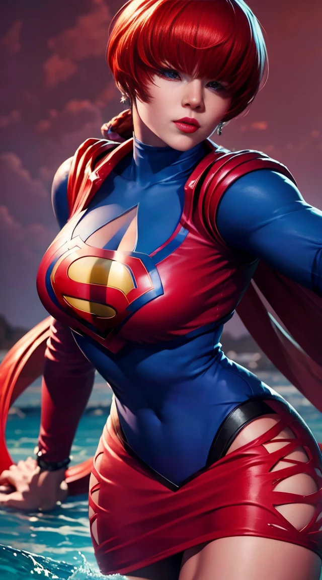 obra prima, melhor qualidade, high resolutions, ela1, Cabelo vermelho sobre os olhos,  Supergirl, capa vermelha, S do super-homem no peito, blue swimsuit, Red skirt, botas vermelhas, peituda, With the camera back,