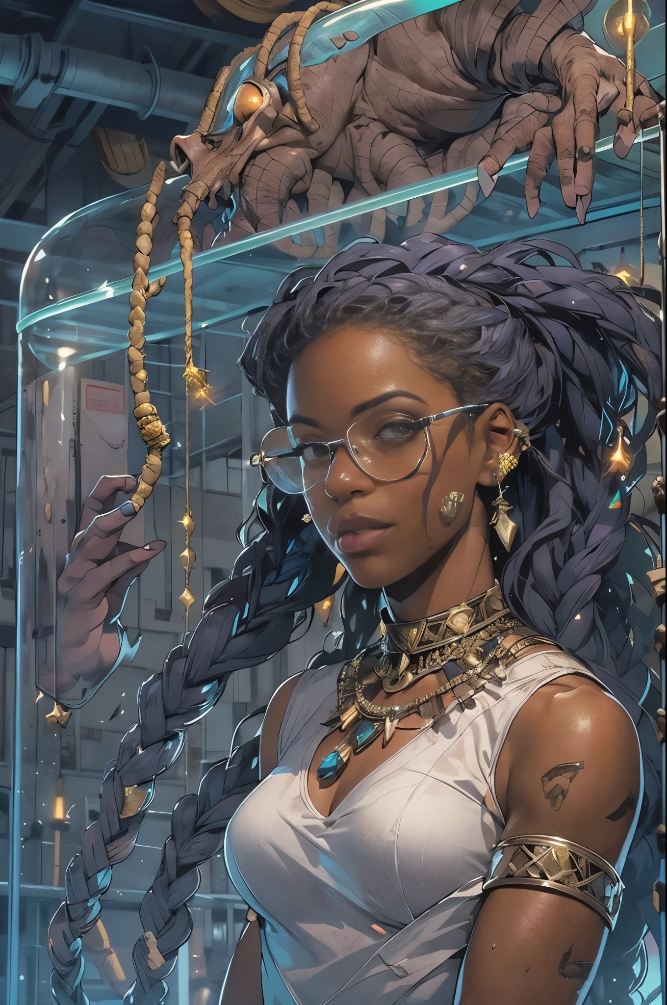 ((best quality)), ((masterpiece)), (perfect face), (detailed), damaged destroyed radioactive laboratory, detailed realistic face, (tall muscular nerdy dark-skinned Haitian scientist woman with long braided hair, small breasts, full lips, round nose, glowing amulet necklace, golden jeweled armlets, standing hurt, violet iridescent slimy alien symbiote taking over body, side of frame), fumes and smoke along ceiling, (large Cannabis indica plant in sci-fi clear container fumes escaping), in style of Marvel comics