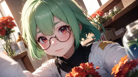 sucrose, cute girl, glasses, green hair, monstad city, flowers, red flowers, dramatic, laboratory, green vials, epruvetes, cute ...