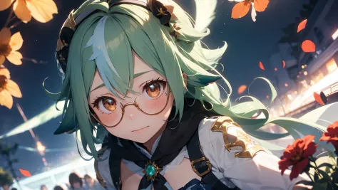 sucrose, cute girl, glasses, green hair, monstad city, flowers, red flowers, dramatic, laboratory, green vials, epruvetes, cute ...