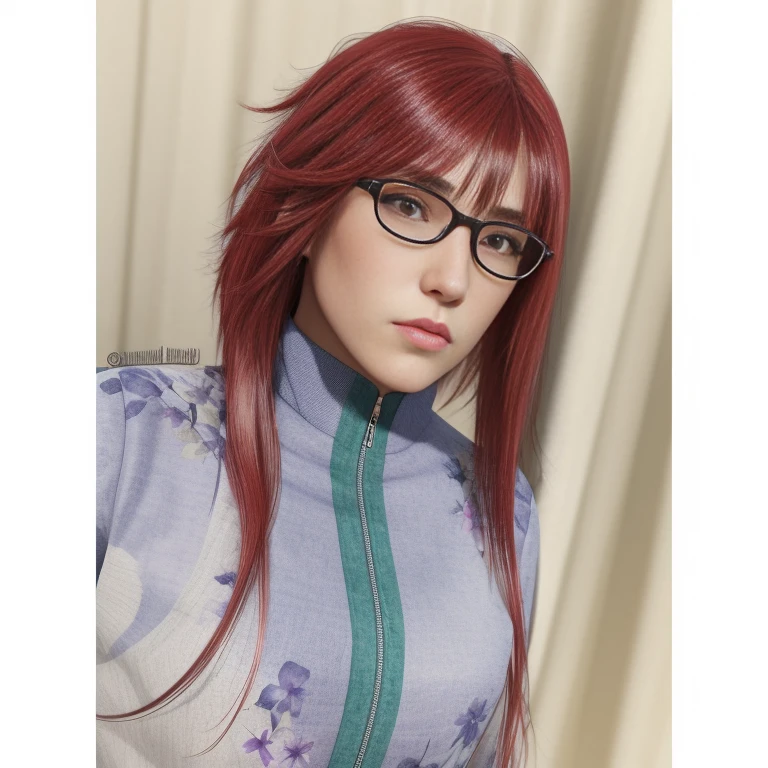 young woman, white skin, long red layered hair with bangs, big red eyes with glasses, big nose, small lips, lilac clothes, Karin, realism, 3d