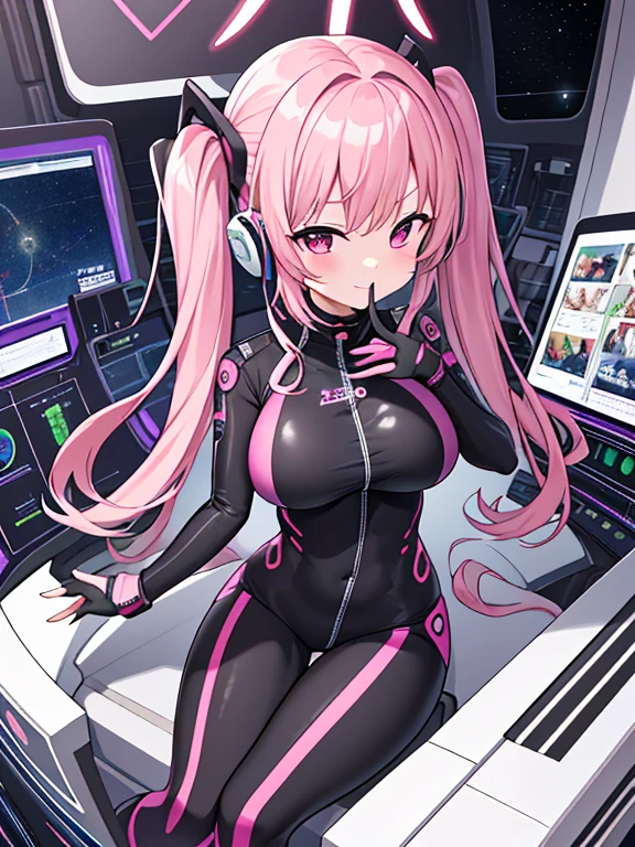 very detailed、masterpiece、high quality、one high school girl、12 years old、Loli、(white and pink space suit)、front zipper、(Futuristic, Tight Fit Bodysuit)、headphone、Cyberpunk space station interior background、(colorful pink hair),ロングtwin tails, (pink eyes), change,twin tails,sassy change，cheey change，mesugaki,girl,天才girl、(big breast):1.0,(blush):1.1、halo、