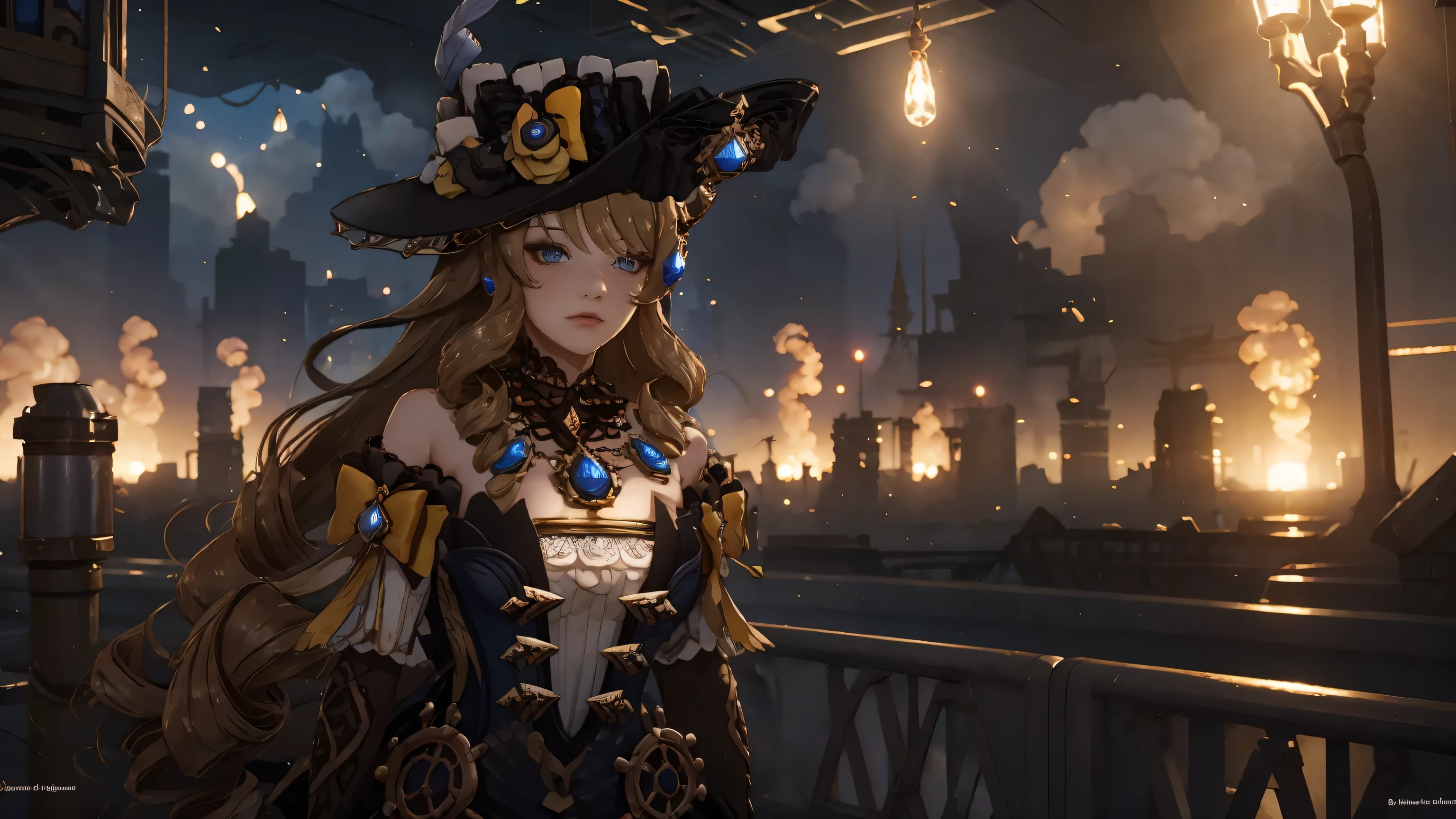 navia, steampunk metropolis, beautiful city, cute face, pretty girl, genshin impact, steam punk style, copper pipes, yellow and black theme, beautiful light