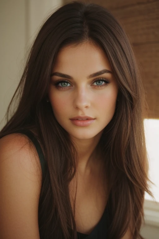 une belle femme brune avec (yeux verts:0.8)
