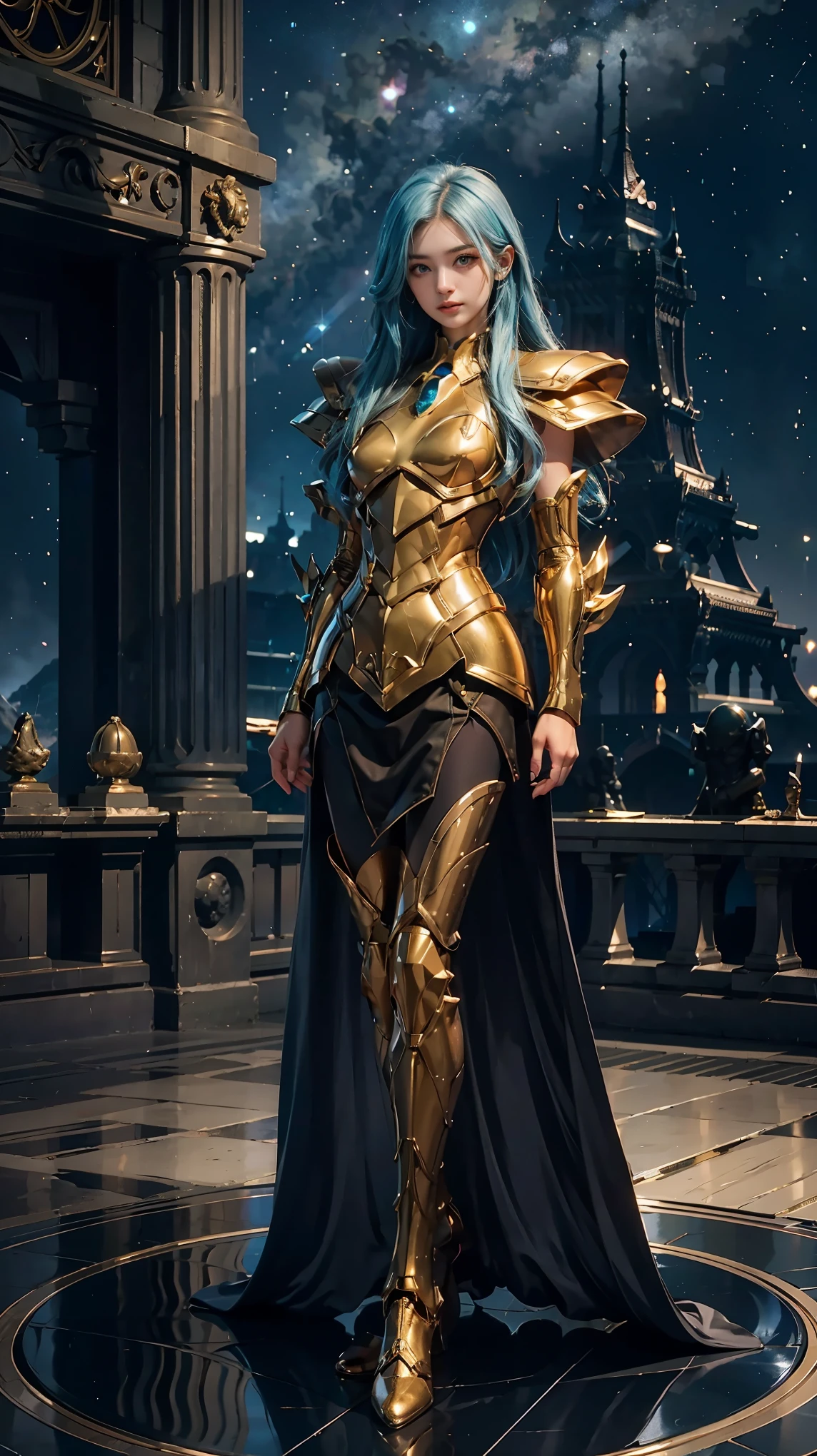 realistically， masterpiece， best quality， high resolution, 1 girl， is a perfect face， looking at the audience， Transparent vinyl that adheres to skin， Very long blue hair， green eyes， pale skin， Pisces， Gold armor and white parts， armor， line art， low pitch， sharp focus， Octane renderer，(starry sky background，facing the audience:1.2)Standing on the gorgeous magic circle，