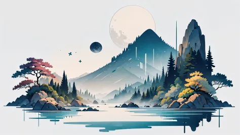 white background, scenery, watercolor, ink, flat mountains, river, moon, star, tranquil night,