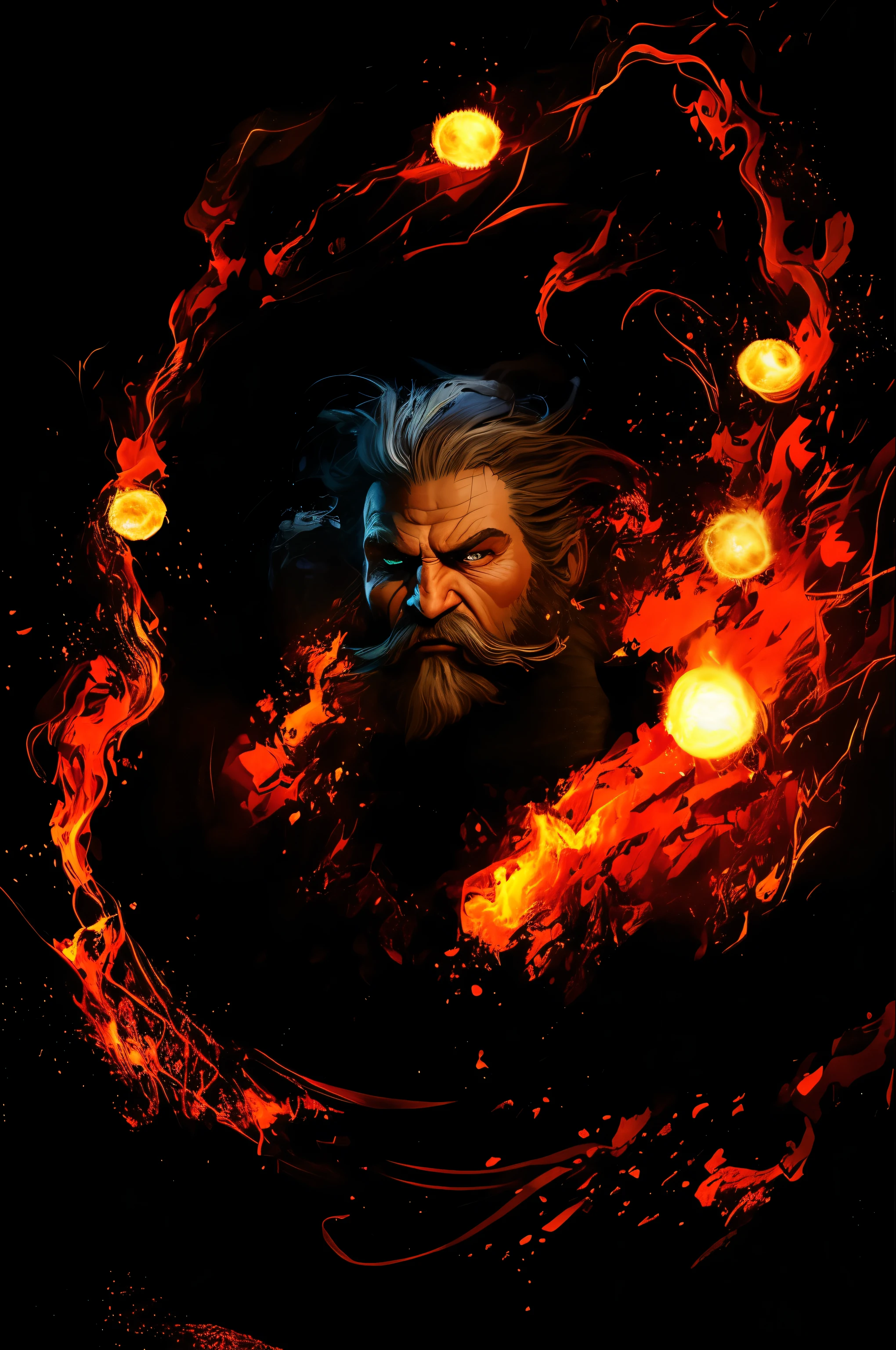 there is a man with a beard and a beardless face surrounded by flames, furious god zeus, portrait of hades, painted portrait of rugged zeus, the god hades, epic digital art illustration, fire giant, by Roman Bezpalkiv, by Aleksander Gierymski, by Ludwik Konarzewski, fire mage, portrait zeus