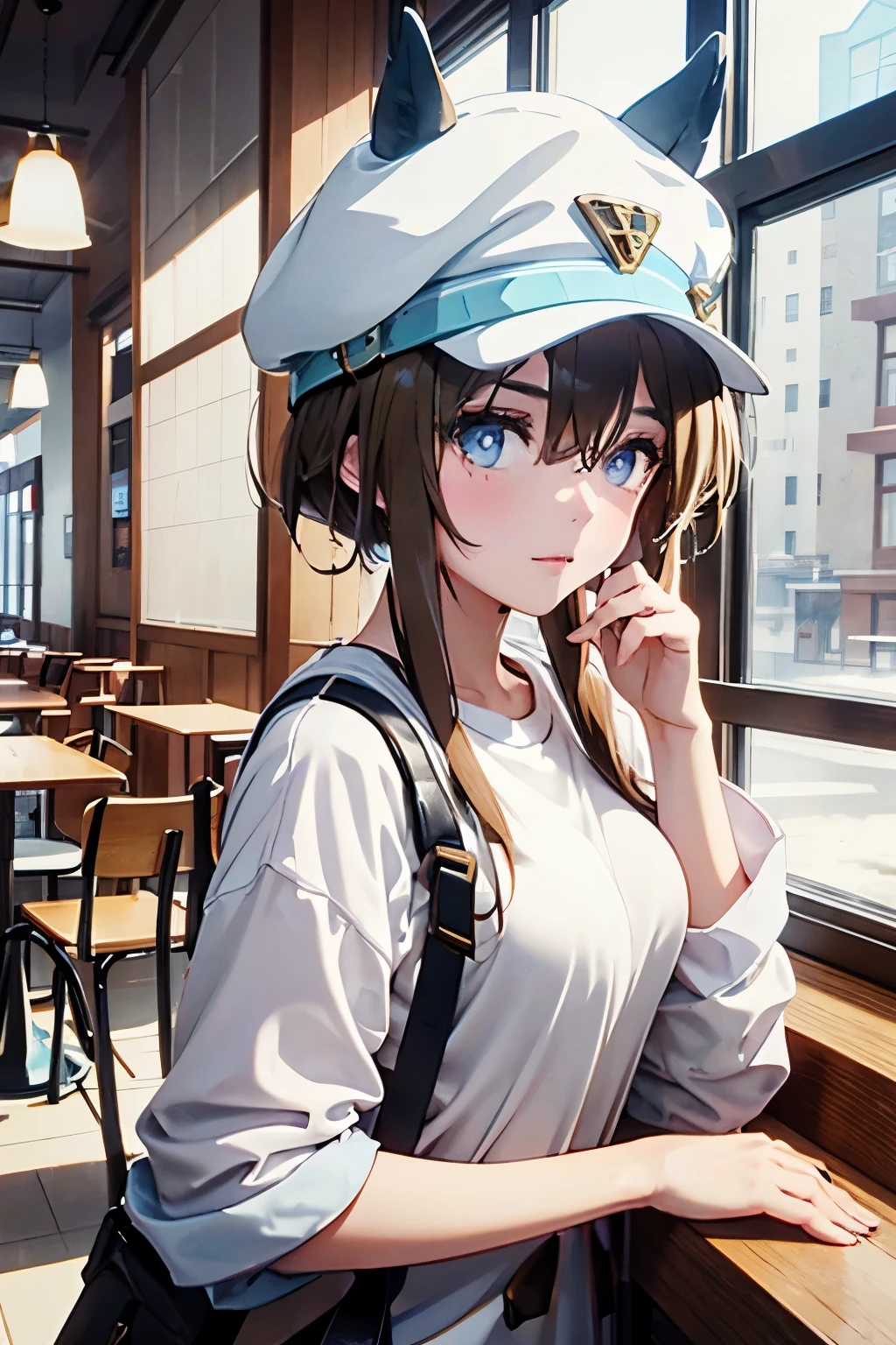 brown hair、hat、beautiful blue eyes、horse ears、full breasted white t-shirt、wearing a brown coat、Modern café interior、Snowy background、high resolution、high quality、beautiful skin、looking out the window、Waiting for someone