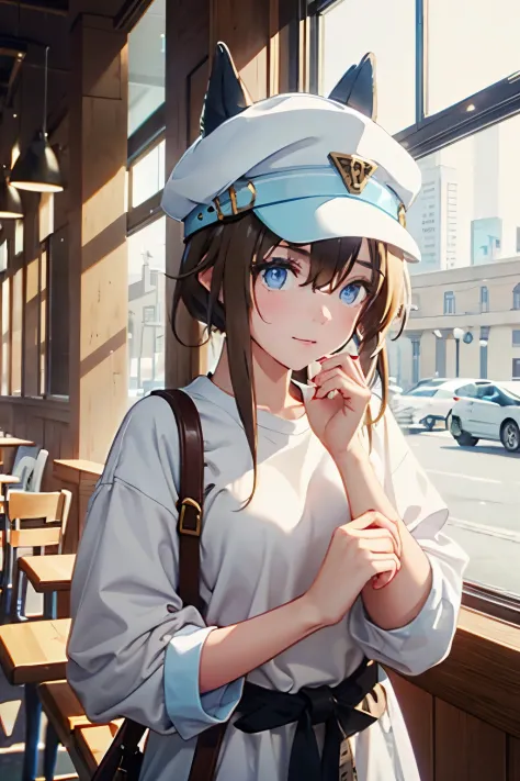 brown hair、hat、blue eyes、horse ears、white t-shirt、wearing a brown coat、modern café interior、snowy background、high resolution、hig...