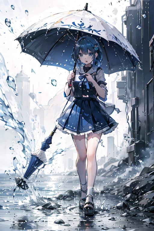 A blue haired girl with blue eyes is standing underneath an umbrella