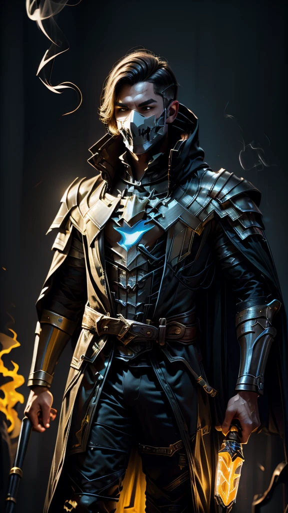 Man in hood and white mask with black features and yellow eyes and holes and scars and male arcane shoulder armor and bright yellow lights and very well detailed armor and cape and a fireball in his hand and black background with smoke 