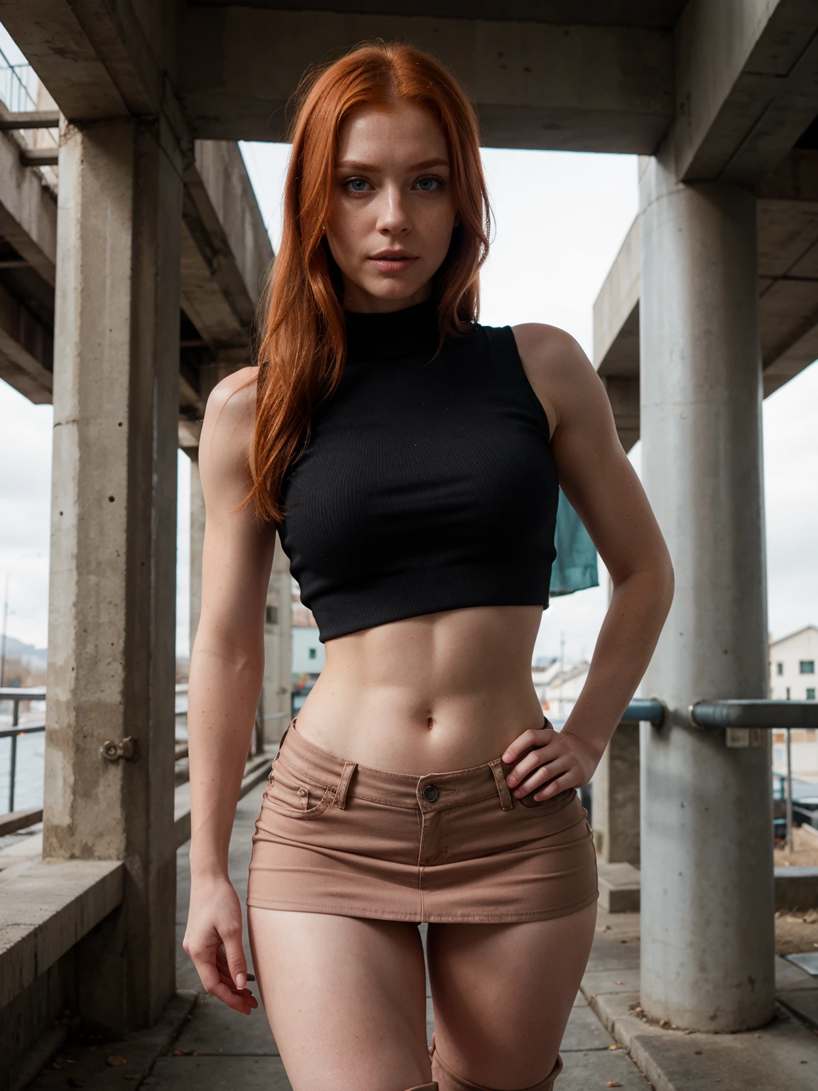 fullbody photo of a ginger woman, (freckles:0.8) cute face, dystopian, detailed eyes, blue eyes, muscular, midriff, pink crop shirt, sleeveless vest, mini skirt, arrogant smile, knee high boots