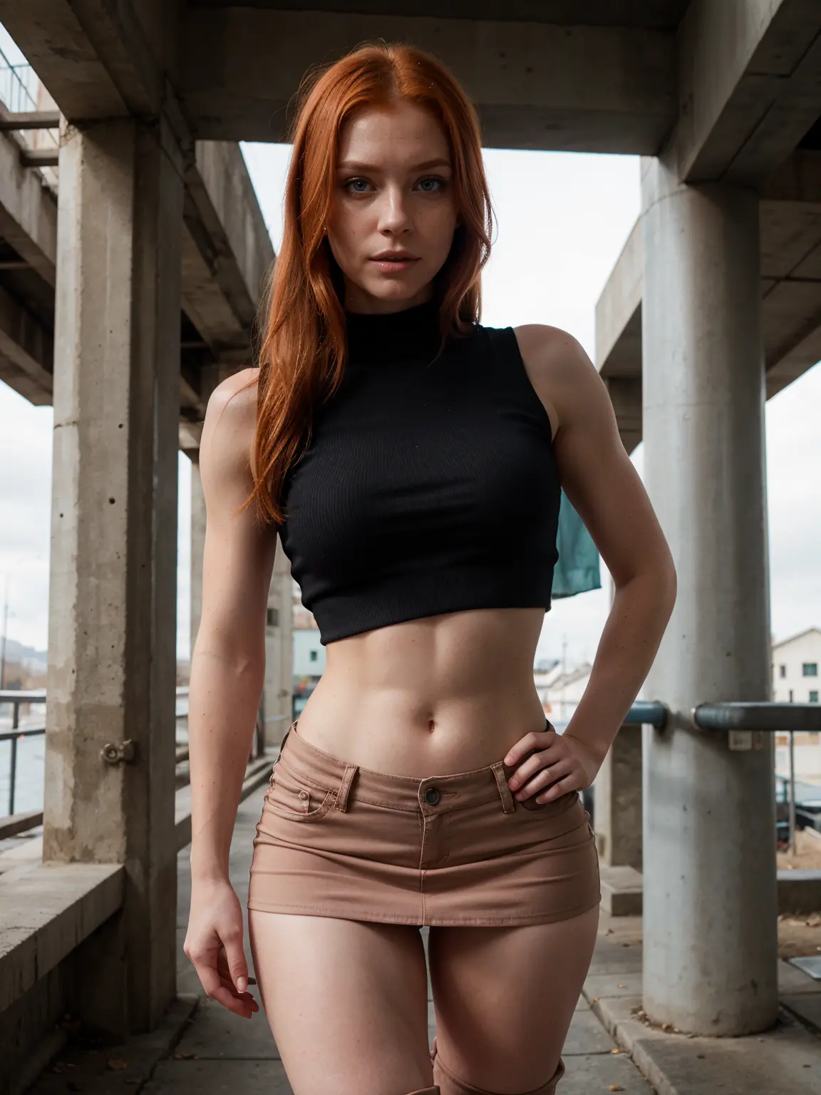 fullbody photo of a ginger woman, (freckles:0.8) cute face, dystopian, detailed eyes, blue eyes, muscular, midriff, pink crop sh...