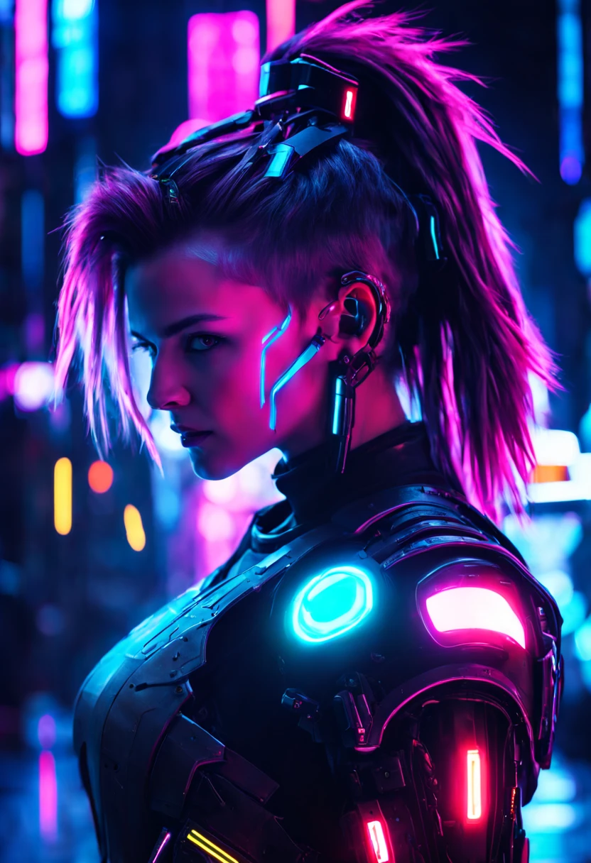 nahaufname einer frau mit einem schwert vor dunklem hintergrund, Cyberpunk, Neonfarben, Polarlichter, Neon armor, HQ 4K, leich bekleidet