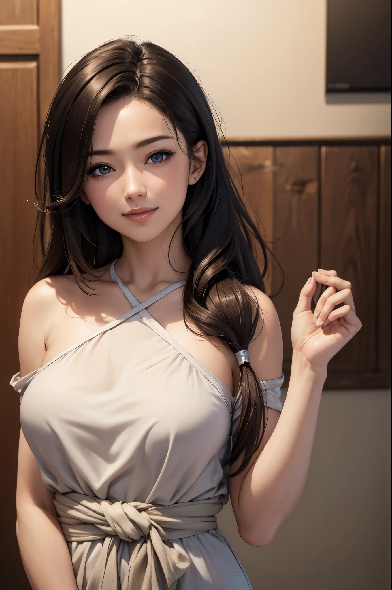 (Masterpiece:1.3), (8K, Photorealistic, RAW photo, Best Quality: 1.4), Japan People, (1 girl),25 years old, Beautiful Face,  Beautiful Hairstyle, Realistic Eyes, Beautiful Eyes, Beautiful Eyes, (Realistic Skin), Beautiful Skin, Attractive, Ultra High Definition, High Definition,  Detail Face, Look at the Beholder, Smile, (Shoulder Look), Middle Chest, Upper Body, waist up.