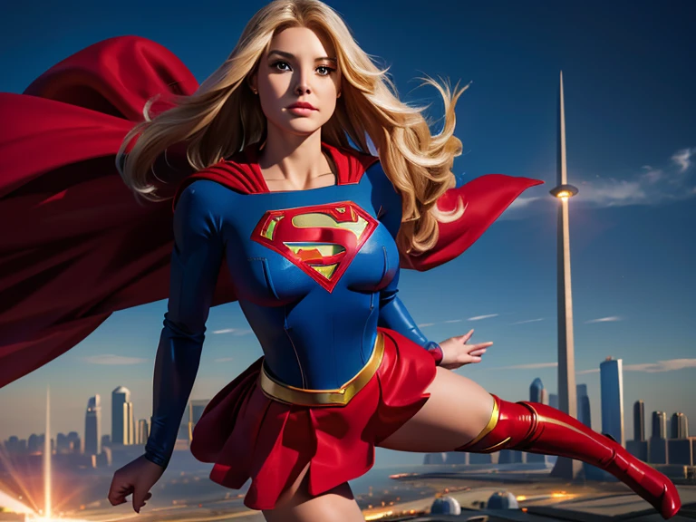 CC, Supergirl, suporte flutuante no céu, metrópole nas costas, dressing Supergirl blue uniform, Mini-saia vermelha, capa vermelha, botas vermelhas, cabelo loiro longo, grande rodada , cintura pequena, ancas grandes, pernas grossas.