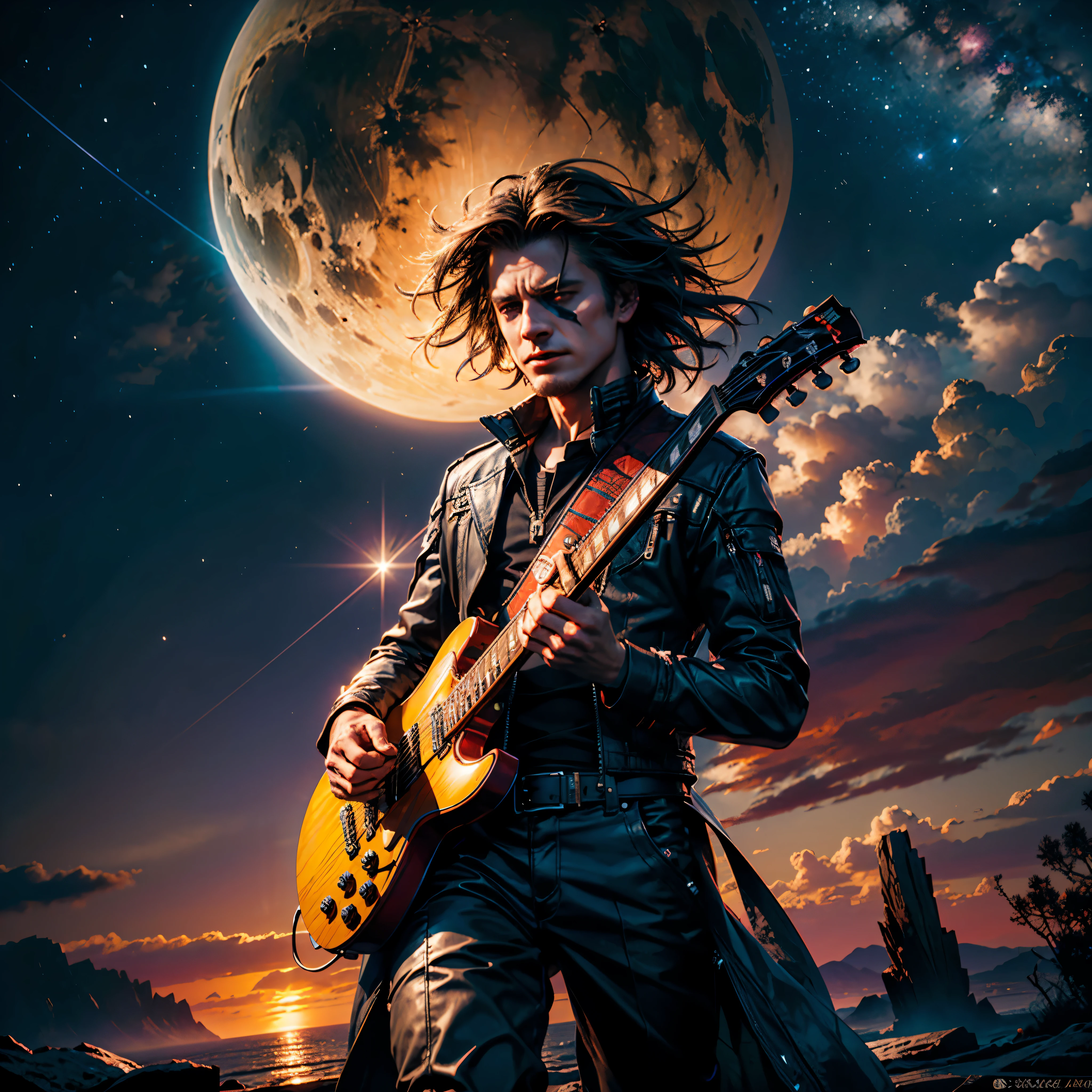 銀河星雲星星星雲繁星點_天空日落寬敞日出全景陽光, "小丑" A photograph of a Joker playing an electric guitar in the style of 小丑 (2022) artstation deviantart pinterest 上的趨勢 Furaffinity 詳細逼真的超高分辨率 hdr 拍攝，具有超詳細的照片級真實高光和陰影詳細高分辨率路徑追踪對比明暗電影陰影，作者：Zdzislaw Beksinski, IMAX 品質, (蓬亂的頭髮, 細緻的眼睛) , 完美的構圖, 情緒化的, 和諧, 非常詳細, 高預算, 史詩寫實主義, 電影般的_陽光華麗傑作超UnrealEngine5深路徑等距長條圖_360度全域發光飽和體積閃電_對比細緻複雜的超_高細節超_高品質最大超_高畫質超_照片逼真的最佳超_高解析度 cgi vfx sfx 精確反射 生動的顏色編碼 改進的 Octane 渲染 UHD XT3 DSLR HDR romm rgb pbr 3dcg fxaa blay 增強 fkaa txaa rtx ssao opengl-shader glsl-shader 後處理 色調陰影 單元格著色 後處理色調 opengl-shader glsl-shader 後處理色調陰影 單元格著色 後期製作陰影 類比 後處理色調色調。_清晰度焦點對稱變化多等. --s 1000 --c 20 --q 20 --混沌 100