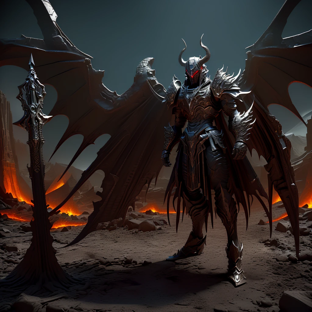 (best quality,16k,32k,  masterpiece, ultra-high resolution, (photorealistic: 1.4)
Foreground. (A terrible demon. Steel horns. Stone scales. Burns. Snakeskin. The armor is made of black metal. A huge sword. Huge bat wings.)
Background. (Hell. Lava rivers. Ruins. Swords stuck in the ground.Mountains of corpses.)