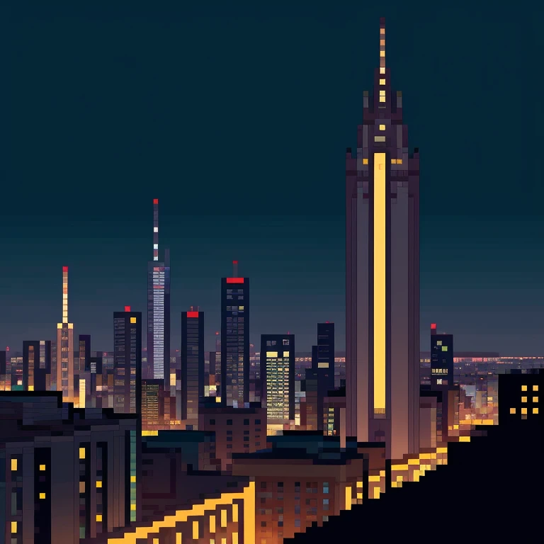 Eine große Stadt, von weitem gesehen, hohe Gebäude, mit einer Mauer, die die Stadt umgibt, Nacht, Nacht city, Gothan-Stadt, pixel art