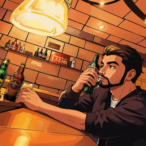 hay un hombre sentado en una mesa con una botella de cerveza, Sentarse solo en un bar, en un bar, beber cerveza, beber una cerve...
