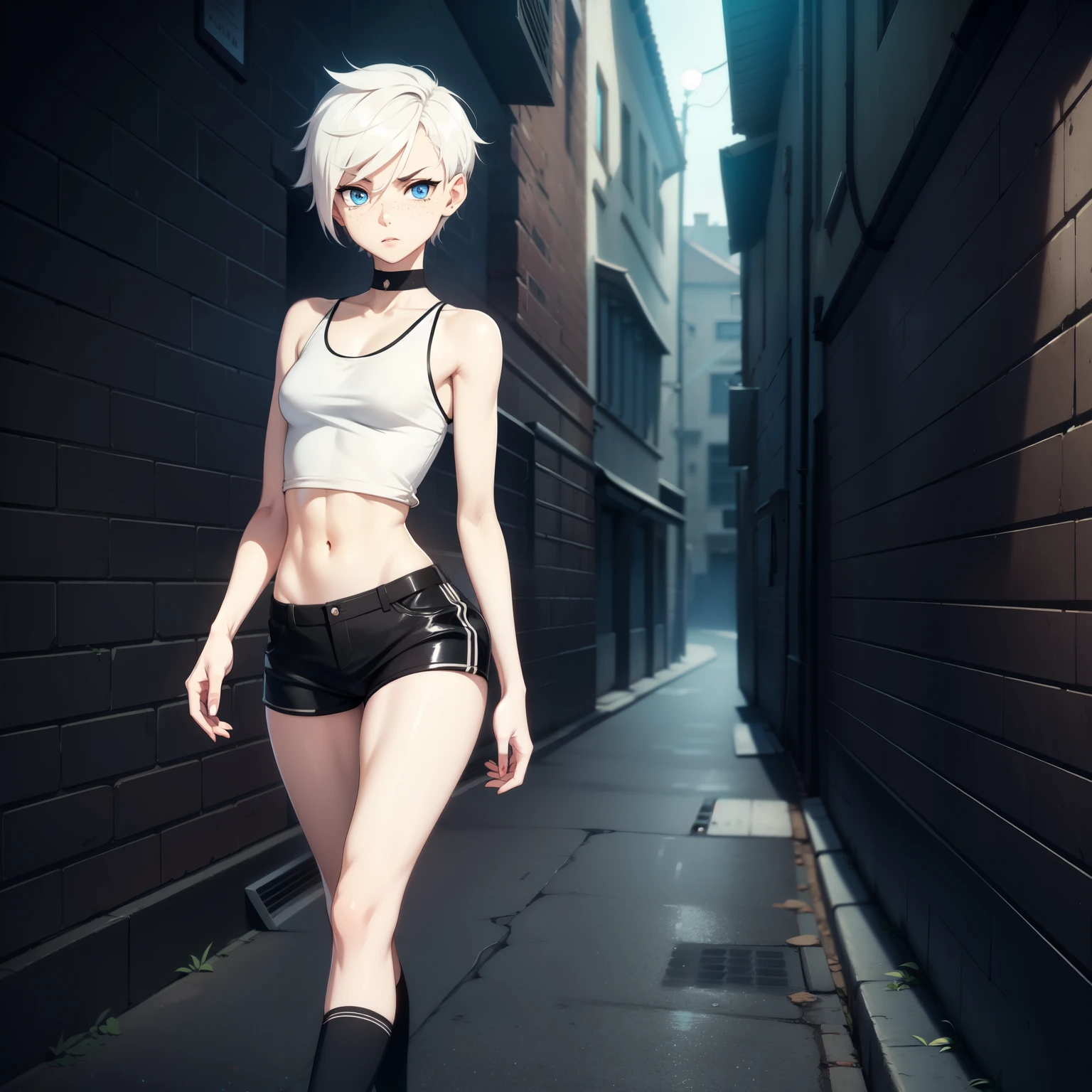 androgynous character, short white hair, shaved side hair, cute face, blue eyes, big eyes, dark circles, freckles, pale skin, very thin, very slender, flat breasts, straight breasts, thin waist, skinny legs, thin legs, long legs , separated thighs, black crop top, cotton micro shorts, long socks, walking in a dark alley, cinematic lighting, night