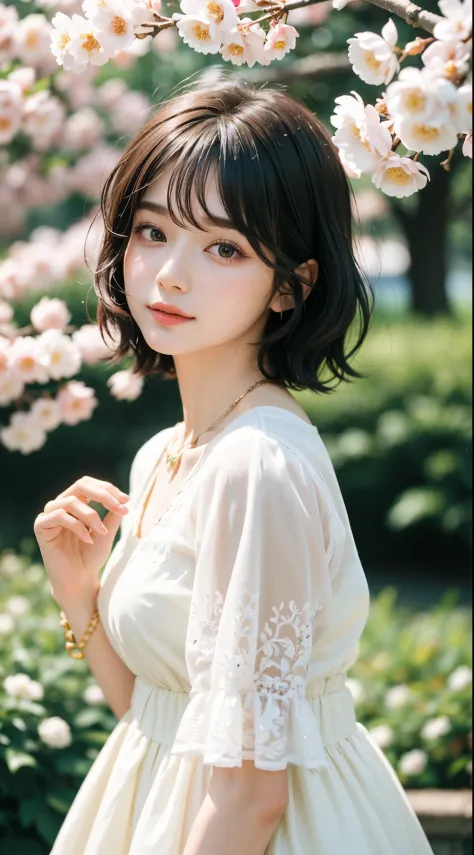 ((highest quality))、((masterpiece))、Raw photo、8K、highest quality、Beautiful face in every detail、realistic human skin、gentle expression、(bob hair:1.5)、realistic、Photoreal、cute、spring、Cherry tree、white dress、necklace、bangs、bracelet、gyuru、bouquet、