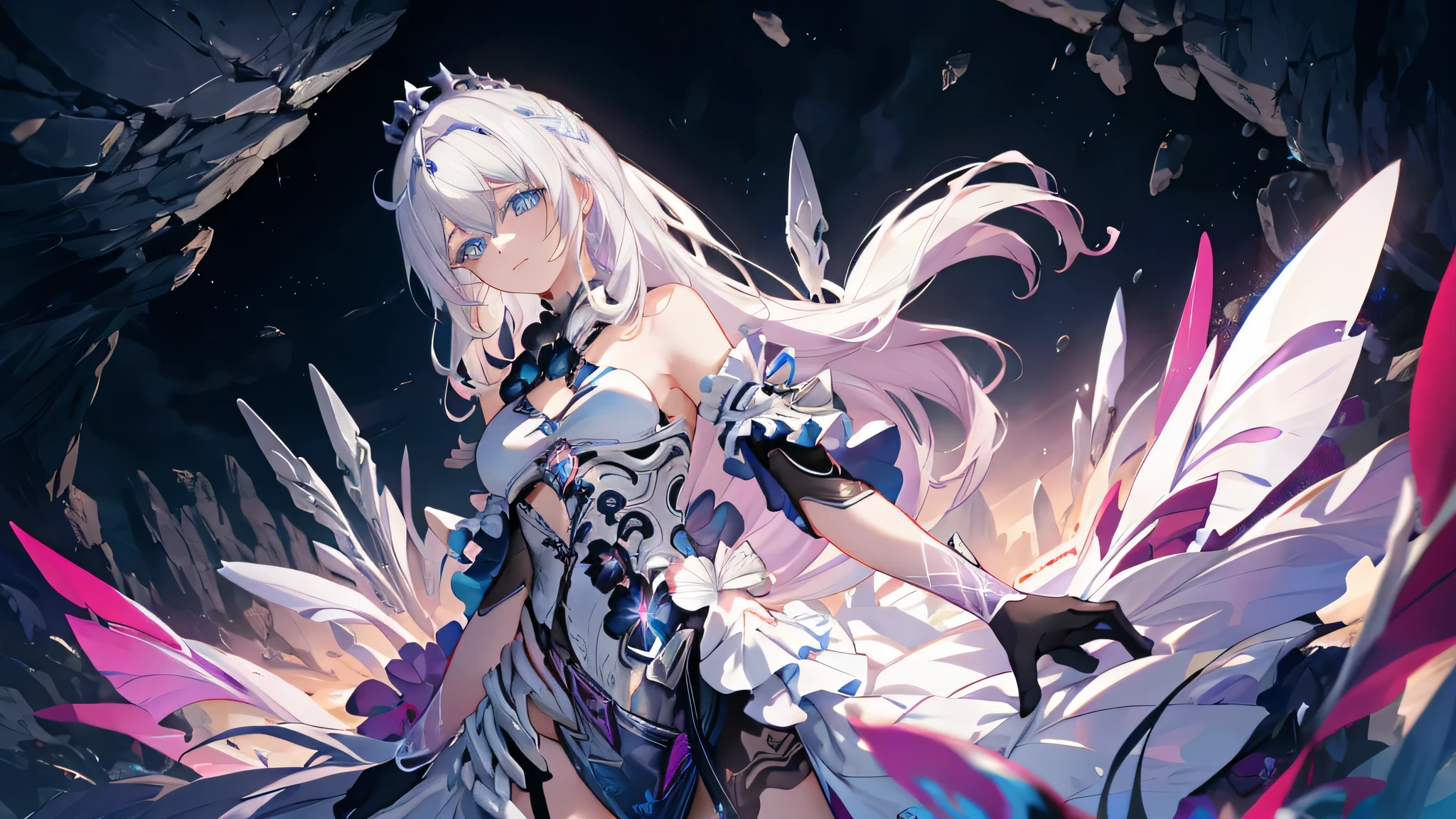 1girl, solo, full body, (best quality,8k,highres,masterpiece:1.2),ultra-detailed,(anime), Herrscher of Finality, Kiana \ (Honkai Impact 3)extremely long white hair, blue eyes, solo, extremely detailed facial features, beautiful detailed eyes, cute, look at viewer, shot from above, fantasy landscape, vivid colors, flowing dress, rich detail, rich environment, golden ratio