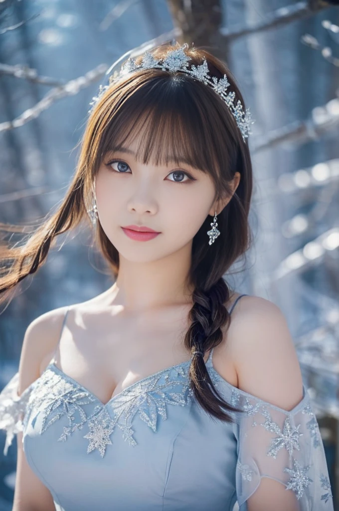  girl、baby face、Childish、highest quality,4K,8K,High resolution,table top:1.2,super detailed,(realistic,realistic,Photoreal:1.37),portrait,Elsaから&#39;Photo of "frozen" movie,beautiful and fine eyes,beautiful detailed lips,highly detailed eyes and face,long eyelashes,ice queen,sparkling snowflakes,Fine brushwork,glossy oil paint,soft pastel colors,Vivid blue and purple,Viewers can feel the coldness of the air,Elsa&#39;hair blowing in the wind,Her confident and powerful pose,ice and magic background,Subtle lighting casts shadows and highlights on her face,Glittering ice crystal crown and dress,frozen pattern on a dress that reflects light,Her white skin had a slight frost on it.....,Background filled with enchanting winter forest,delicate icicles hanging from a tree,soft snow covering the ground,Snow-capped mountains in the distance々々々々々々create amazing backgrounds,Mysterious and ethereal atmosphere,Stars shining in the night sky,Moonlight illuminating the scene,Hints of the aurora dancing above,Body language that expresses strength and grace,Her eyes radiated determination and resilience....、off shoulder dress、laughter、back、look back、full body esbian、(big breasts:1.5、You can see beautiful cleavage)