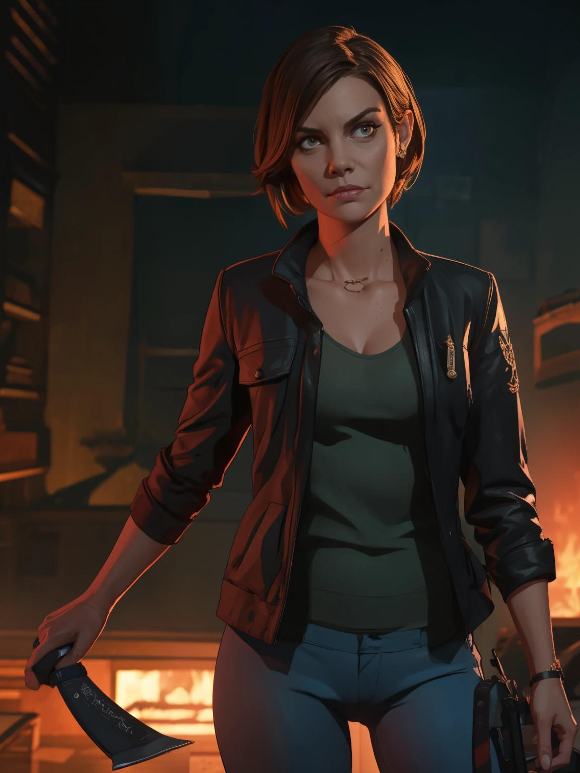 style gta + rendu 3D, Écran de chargement de GTA, Arte GTA, (((seul))), 1 fille, 1 fille, Seul, portrait en demi-longueur, Représentation de Maggie de TWD, Le visage de Lauren Cohan, linge taché de sang, Visage énervé, tenant un couteau à la main , fantaisie Meggie de The Walking Dead, Les vêtements de style The Walking Dead, (((Nuit, Nuit))) , très détaillé, visage défini, ((corps chaud, Fille Chaude, sensuel, Sexy)), Bande dessinée, Le style mort-vivant. ((a background destroyed city with des morts-vivants, des morts-vivants)), horreur, Effrayant. hyperréaliste, moteur irréel 5.