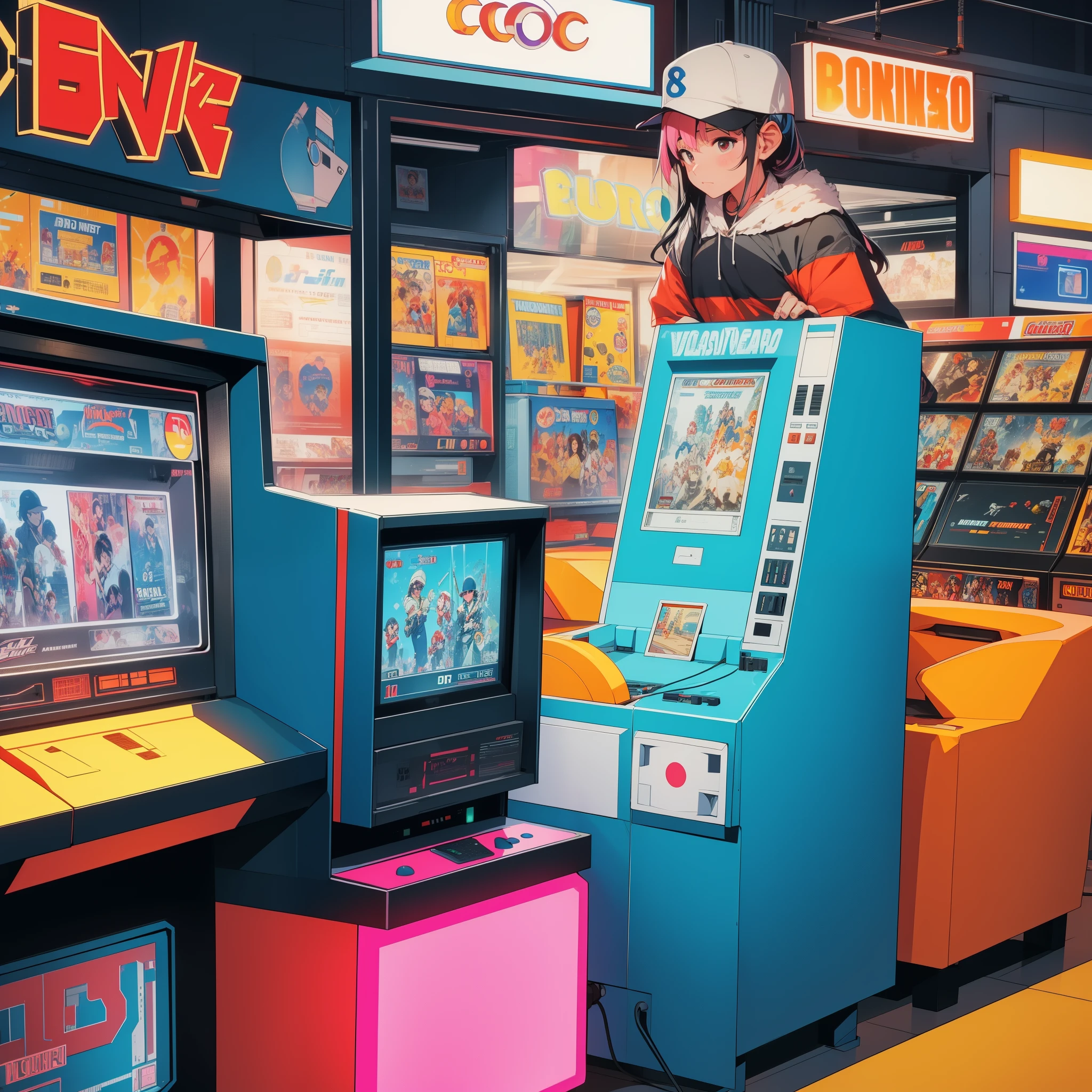 A transverse isometric arcade game, 80's video store, sonico, blockbuster, jogo dos anos 1980, nostalgic and cool showing a single machine